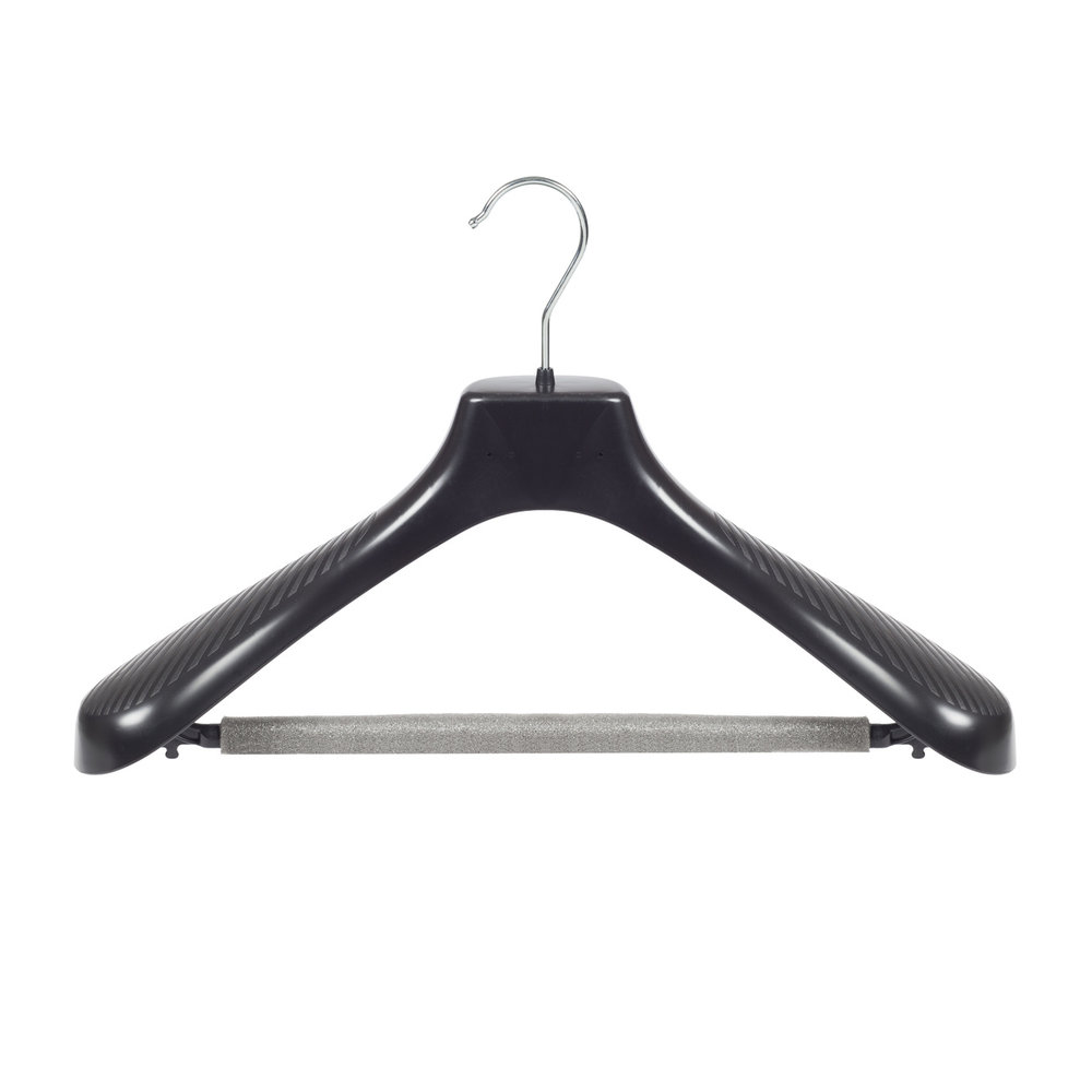 SER-VIZ Mantel / kostuumhanger (gebogen) kunststof zwart met schouderverbreding en anti-slip broeklat (2 mm schuim) SER-VIZ Mantel / kostuumhanger (gebogen) kunststof zwart met schouderverbreding en anti-slip broeklat (2 mm schuim)