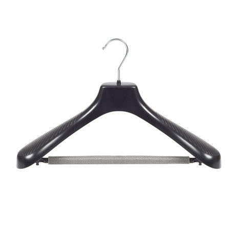 Mantel / kostuumhanger (gebogen) kunststof zwart met schouderverbreding en anti-slip broeklat (2 mm schuim)