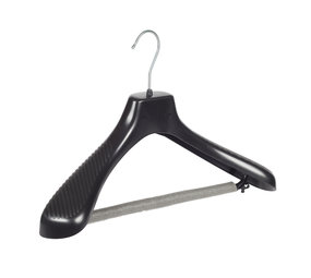 Mantel / kostuumhanger (gebogen) kunststof zwart met schouderverbreding en anti-slip broeklat (2 mm schuim)