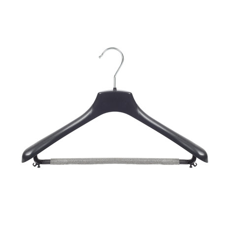 Mantel / kostuumhanger (gebogen) kunststof zwart met schouderverbreding en anti-slip broeklat (2 mm schuim)