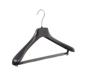 Mantel / kostuumhanger (gebogen) kunststof zwart met schouderverbreding en anti-slip broeklat (2 mm schuim) Mantel / kostuumhanger (gebogen) kunststof zwart met schouderverbreding en anti-slip broeklat (2 mm schuim)