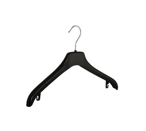 Mantel / kostuumhanger (gebogen) kunststof zwart met schouderverbreding (gebruikt)