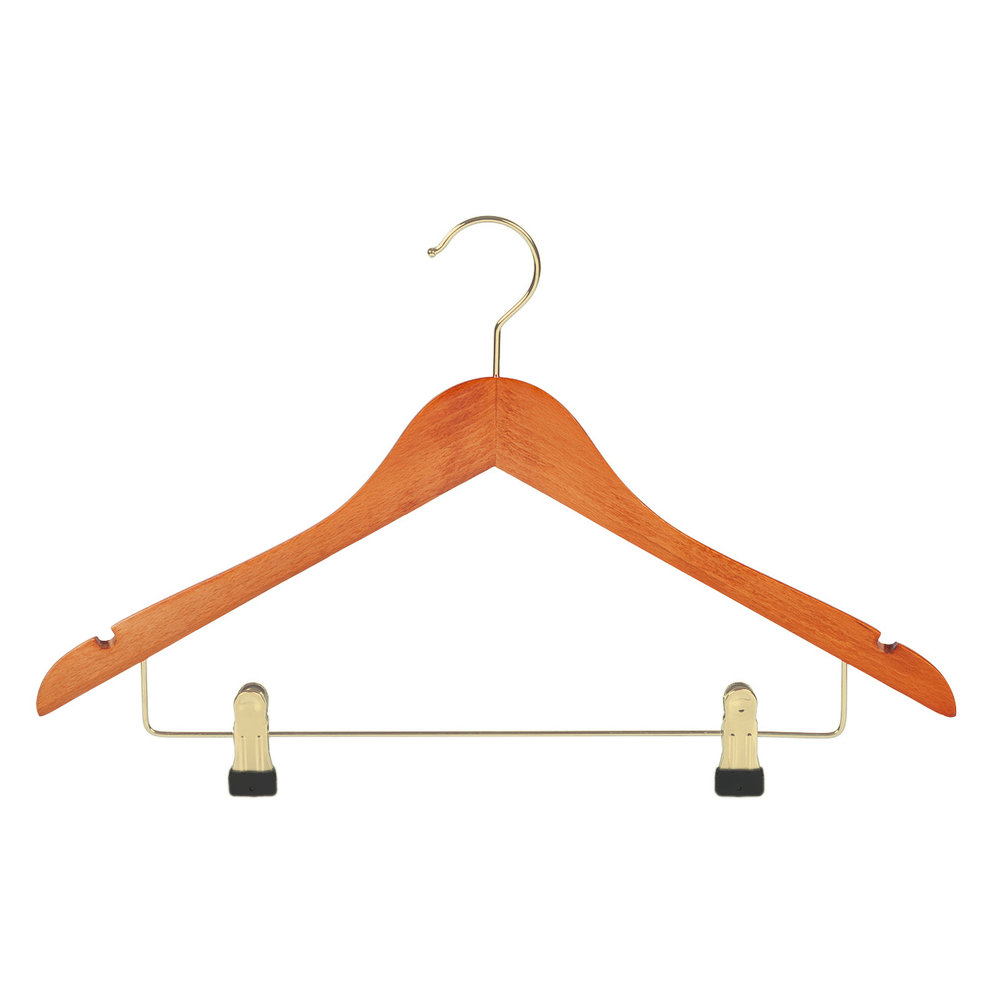 DE KLEDINGHANGER GIGANT Blouse / shirthanger (geknikt) beukenhout kersen gebeitst met messinghaak, rokinkepingen en anti-slip knijpers