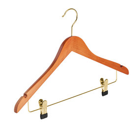 Blouse / shirthanger (geknikt) beukenhout kersen gebeitst met messinghaak, rokinkepingen en anti-slip knijpers