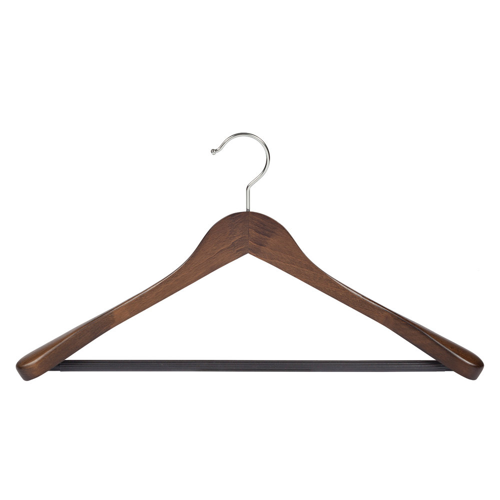 DE KLEDINGHANGER GIGANT Mantel / kostuumhanger (geknikt) beukenhout walnoten gebeitst met schouderverbreding en anti-slip broeklat