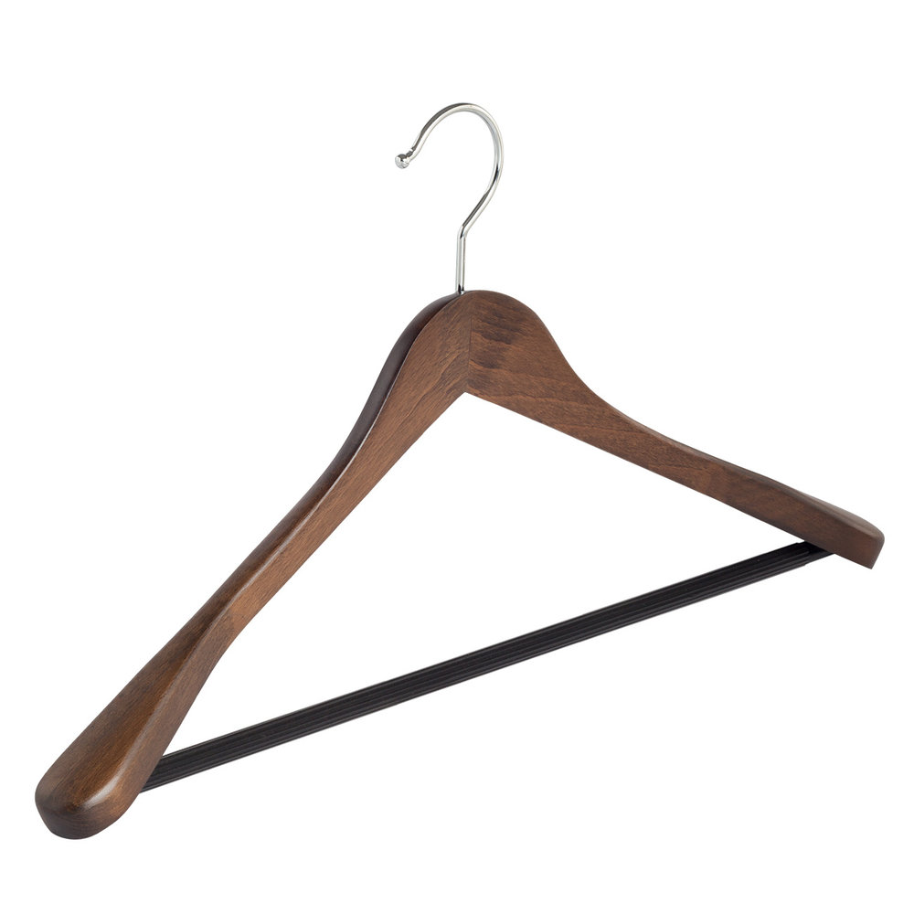 DE KLEDINGHANGER GIGANT Mantel / kostuumhanger (geknikt) beukenhout walnoten gebeitst met schouderverbreding en anti-slip broeklat