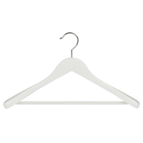 Mantel / kostuumhanger (geknikt) beukenhout wit gelakt met schouderverbreding en anti-slip broeklat