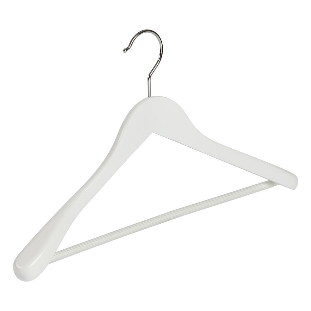 Mantel / kostuumhanger (geknikt) beukenhout wit gelakt met schouderverbreding en anti-slip broeklat