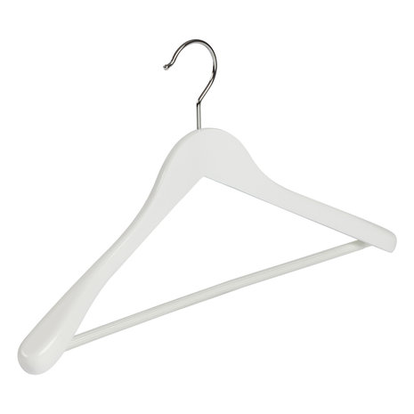 DE KLEDINGHANGER GIGANT Mantel / kostuumhanger (geknikt) beukenhout wit gelakt met schouderverbreding en anti-slip broeklat DE KLEDINGHANGER GIGANT Mantel / kostuumhanger (geknikt) beukenhout wit gelakt met schouderverbreding en anti-slip broeklat