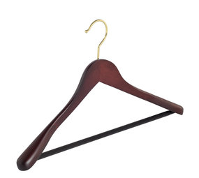 Mantel / kostuumhanger (geknikt) beukenhout mahonie gebeitst met messinghaak, schouderverbreding en anti-slip broeklat Mantel / kostuumhanger (geknikt) beukenhout mahonie gebeitst met messinghaak, schouderverbreding en anti-slip broeklat