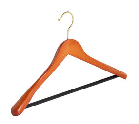 Mantel / kostuumhanger (geknikt) beukenhout kersen gebeitst met messinghaak, schouderverbreding en anti-slip broeklat Mantel / kostuumhanger (geknikt) beukenhout kersen gebeitst met messinghaak, schouderverbreding en anti-slip broeklat