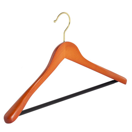 Mantel / kostuumhanger (geknikt) beukenhout kersen gebeitst met messinghaak, schouderverbreding en anti-slip broeklat