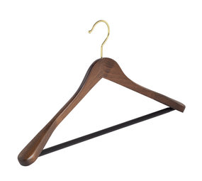 Mantel / kostuumhanger (geknikt) beukenhout walnoten gebeitst met messinghaak, schouderverbreding en anti-slip broeklat Mantel / kostuumhanger (geknikt) beukenhout walnoten gebeitst met messinghaak, schouderverbreding en anti-slip broeklat