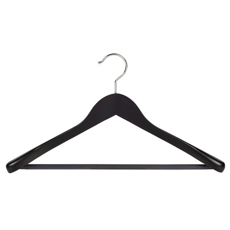 Mantel / kostuumhanger (geknikt) beukenhout zwart gelakt met schouderverbreding en anti-slip broeklat