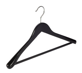 Mantel / kostuumhanger (geknikt) beukenhout zwart gelakt met schouderverbreding en anti-slip broeklat Mantel / kostuumhanger (geknikt) beukenhout zwart gelakt met schouderverbreding en anti-slip broeklat