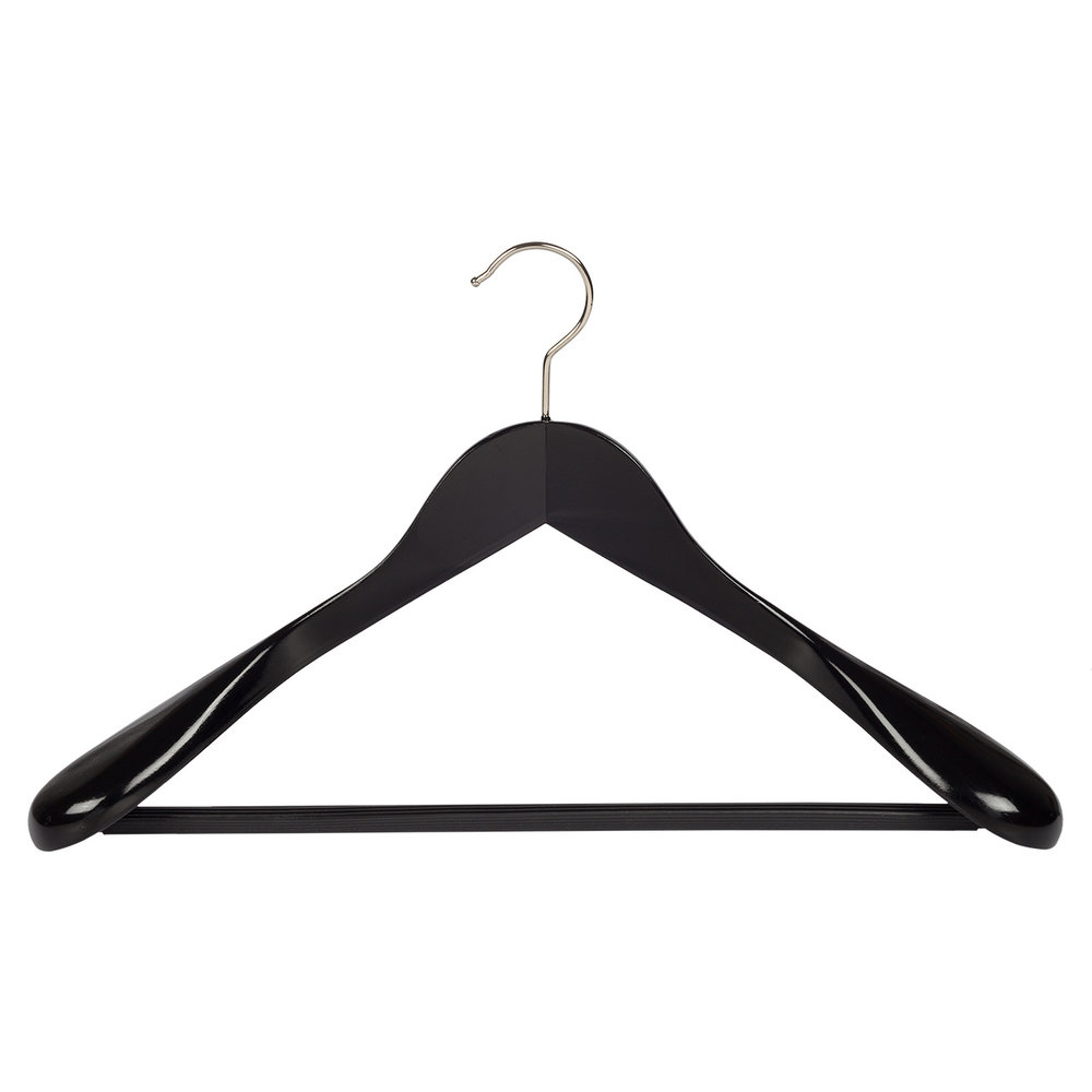 Mantel / kostuumhanger (geknikt) lotushout zwart gelakt met schouderverbreding en anti-slip broeklat Mantel / kostuumhanger (geknikt) lotushout zwart gelakt met schouderverbreding en anti-slip broeklat