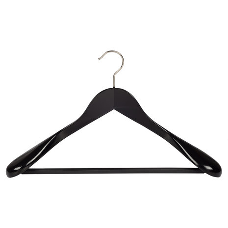 Mantel / kostuumhanger (geknikt) lotushout zwart gelakt met schouderverbreding en anti-slip broeklat Mantel / kostuumhanger (geknikt) lotushout zwart gelakt met schouderverbreding en anti-slip broeklat