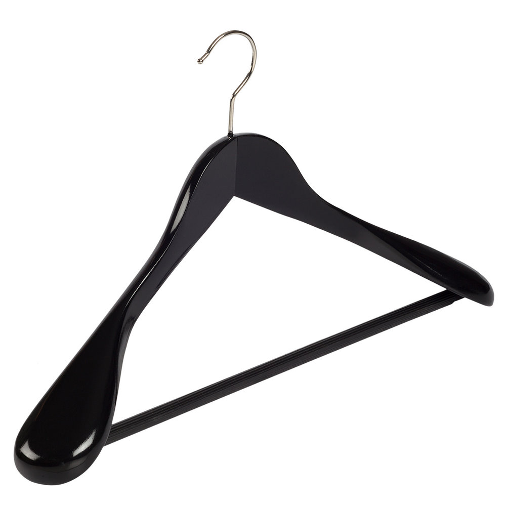 De Kledinghanger Gigant Mantel / kostuumhanger lotushout zwart gelakt met schouderverbreding en anti-slip broeklat, 44 cm De Kledinghanger Gigant Mantel / kostuumhanger lotushout zwart gelakt met schouderverbreding en anti-slip broeklat, 44 cm
