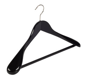 Mantel / kostuumhanger (geknikt) lotushout zwart gelakt met schouderverbreding en anti-slip broeklat Mantel / kostuumhanger (geknikt) lotushout zwart gelakt met schouderverbreding en anti-slip broeklat