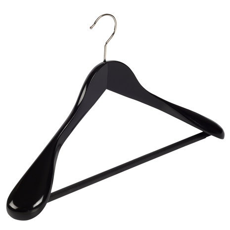 De Kledinghanger Gigant Mantel / kostuumhanger lotushout zwart gelakt met schouderverbreding en anti-slip broeklat, 44 cm De Kledinghanger Gigant Mantel / kostuumhanger lotushout zwart gelakt met schouderverbreding en anti-slip broeklat, 44 cm