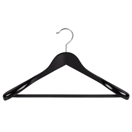 Mantel / kostuumhanger (geknikt) lotushout zwart gelakt met schouderverbreding en anti-slip broeklat Mantel / kostuumhanger (geknikt) lotushout zwart gelakt met schouderverbreding en anti-slip broeklat