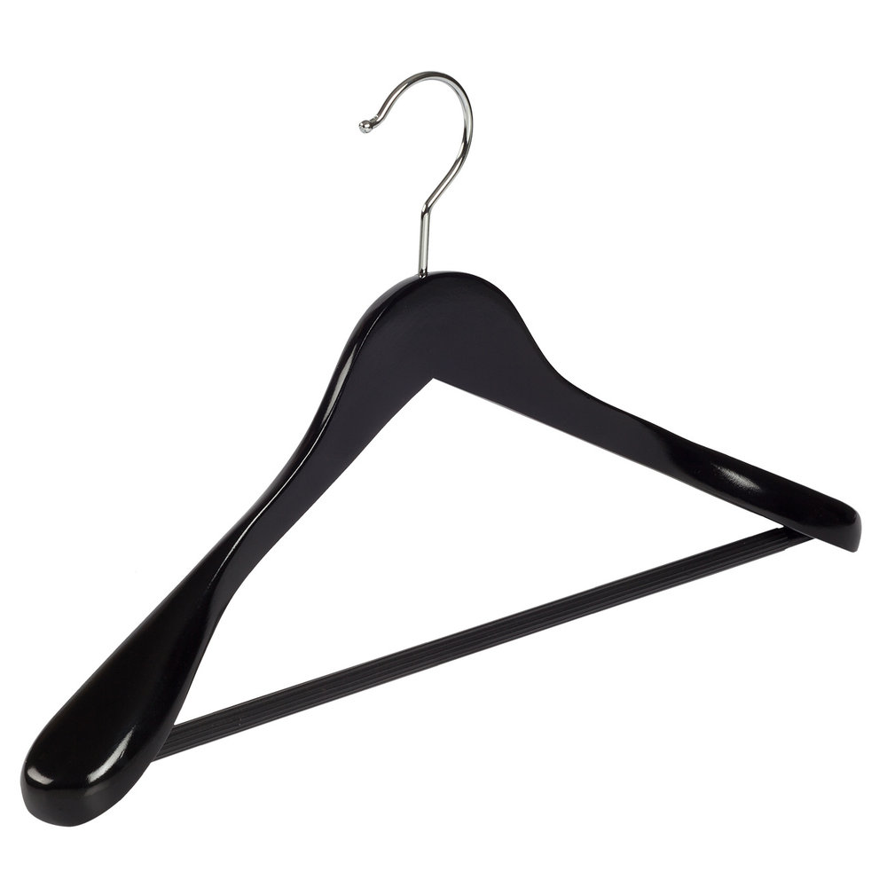 Mantel / kostuumhanger (geknikt) lotushout zwart gelakt met schouderverbreding en anti-slip broeklat Mantel / kostuumhanger (geknikt) lotushout zwart gelakt met schouderverbreding en anti-slip broeklat