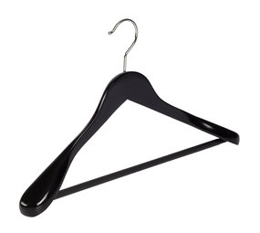 Mantel / kostuumhanger (geknikt) lotushout zwart gelakt met schouderverbreding en anti-slip broeklat Mantel / kostuumhanger (geknikt) lotushout zwart gelakt met schouderverbreding en anti-slip broeklat