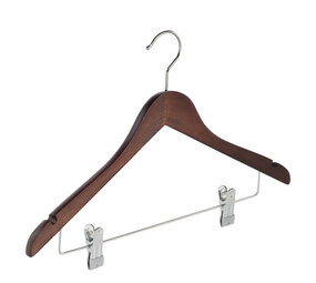 Blouse / shirthanger (geknikt) beukenhout walnoten gebeitst met rokinkepingen en anti-slip knijpers Blouse / shirthanger (geknikt) beukenhout walnoten gebeitst met rokinkepingen en anti-slip knijpers