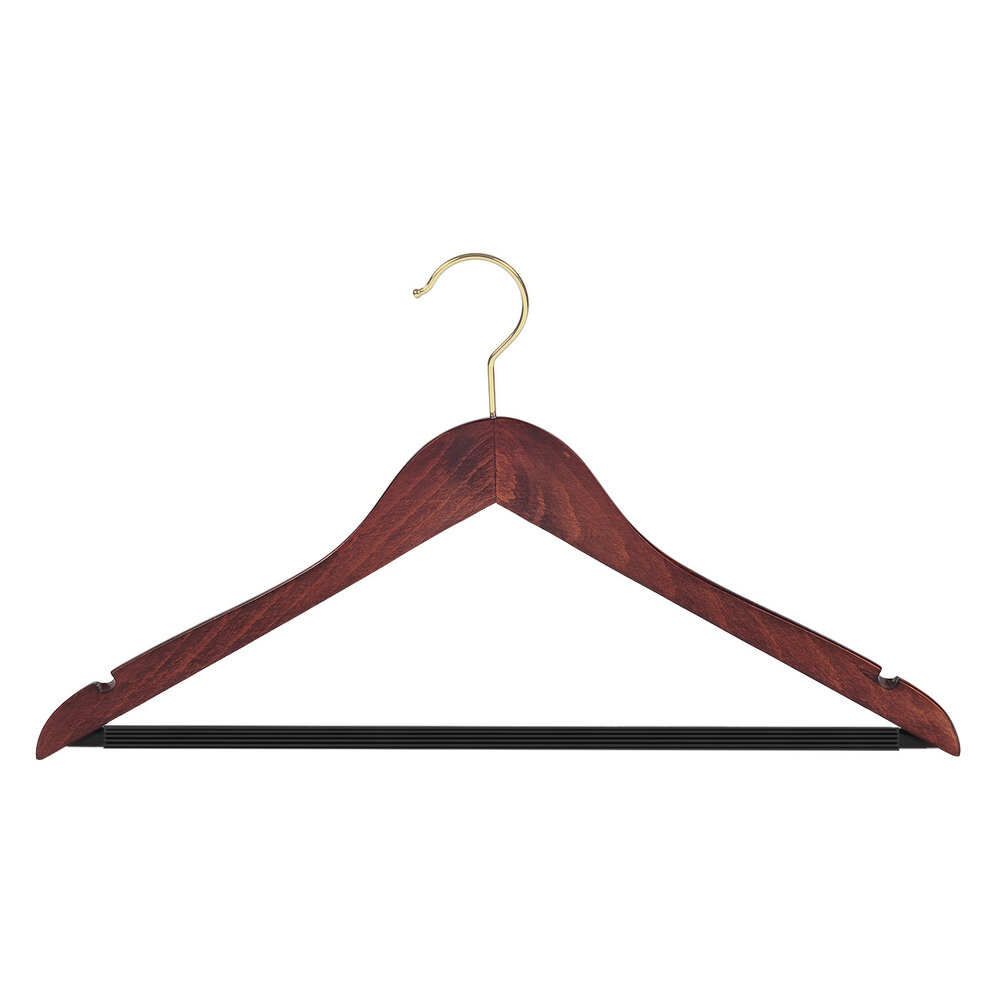 Hotelhanger beukenhout mahonie gebeitst met messinghaak, rokinkepingen en anti-slip broeklat, 44 cm Hotelhanger beukenhout mahonie gebeitst met messinghaak, rokinkepingen en anti-slip broeklat, 44 cm