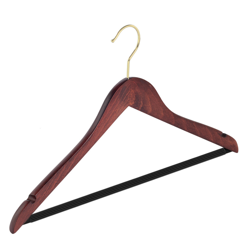 Hotelhanger (geknikt) beukenhout mahonie gebeitst met messinghaak, rokinkepingen en anti-slip broeklat