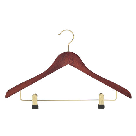 Hotelhanger (geknikt) beukenhout mahonie gebeitst met messinghaak en anti-slip knijpers