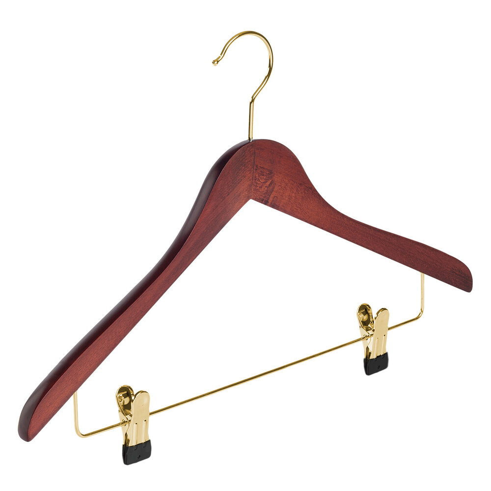 Hotelhanger beukenhout mahonie gebeitst met messinghaak en knijperlat, 44 cm Hotelhanger beukenhout mahonie gebeitst met messinghaak en knijperlat, 44 cm