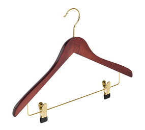 Hotelhanger (geknikt) beukenhout mahonie gebeitst met messinghaak en anti-slip knijpers Hotelhanger (geknikt) beukenhout mahonie gebeitst met messinghaak en anti-slip knijpers