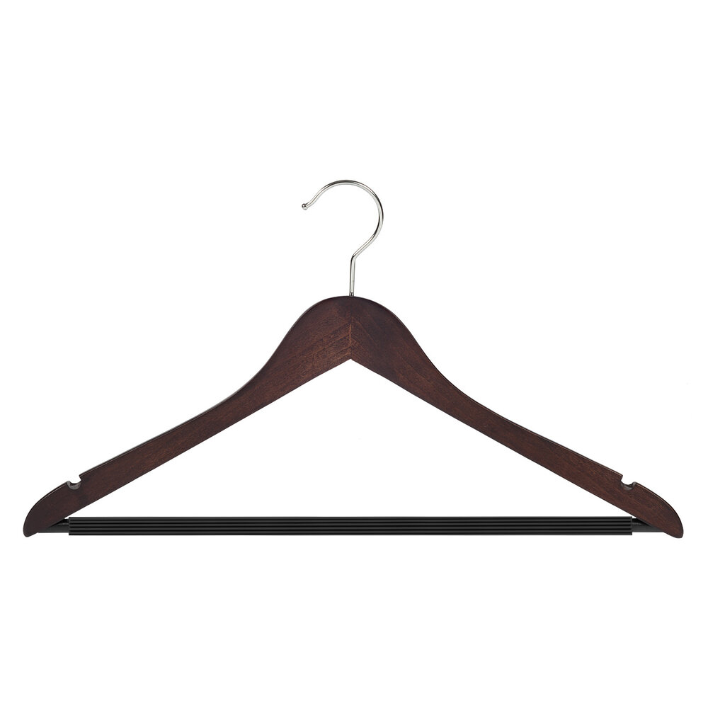 Hotelhanger (geknikt) beukenhout wenge gebeitst met rokinkepingen en anti-slip broeklat Hotelhanger (geknikt) beukenhout wenge gebeitst met rokinkepingen en anti-slip broeklat