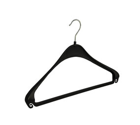 Mantel / kostuumhanger (gebogen) kunststof zwart met schouderverbreding en broeklat Mantel / kostuumhanger (gebogen) kunststof zwart met schouderverbreding en broeklat