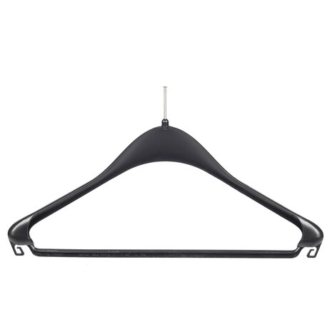 Mantel / kostuumhanger (gebogen) kunststof zwart (anti-diefstal zonder ring) met schouderverbreding en broeklat