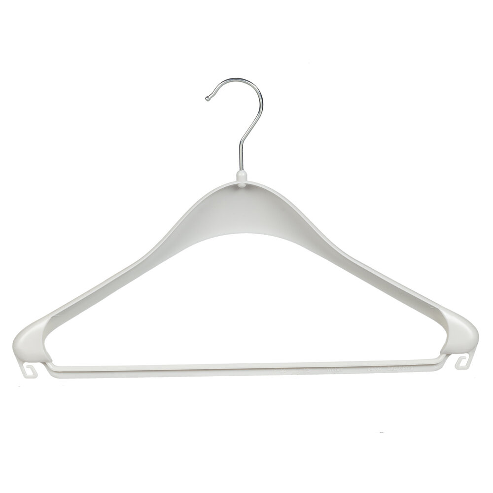 Mantel / kostuumhanger (gebogen) kunststof wit met schouderverbreding en broeklat Mantel / kostuumhanger (gebogen) kunststof wit met schouderverbreding en broeklat