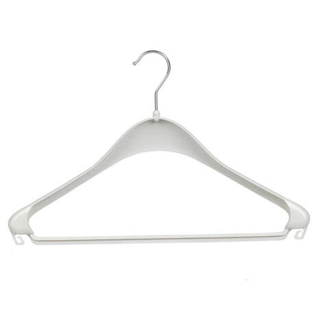 Mantel / kostuumhanger (gebogen) kunststof wit met schouderverbreding en broeklat Mantel / kostuumhanger (gebogen) kunststof wit met schouderverbreding en broeklat