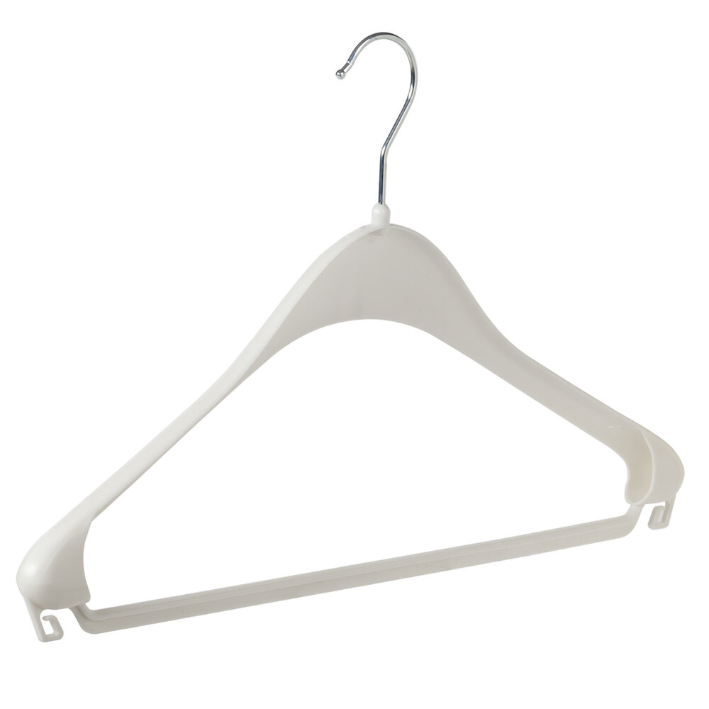Mantel / kostuumhanger (gebogen) kunststof wit met schouderverbreding en broeklat Mantel / kostuumhanger (gebogen) kunststof wit met schouderverbreding en broeklat