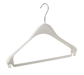 Mantel / kostuumhanger (gebogen) kunststof wit met schouderverbreding en broeklat Mantel / kostuumhanger (gebogen) kunststof wit met schouderverbreding en broeklat