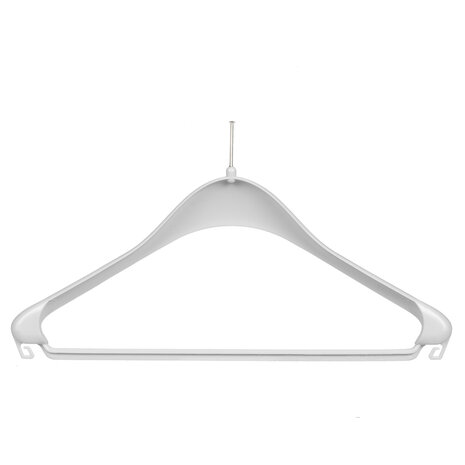 WEBER Mantel / kostuumhanger (gebogen) kunststof wit (anti-diefstal zonder ring) met schouderverbreding en broeklat WEBER Mantel / kostuumhanger (gebogen) kunststof wit (anti-diefstal zonder ring) met schouderverbreding en broeklat