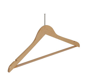 Hotelhanger anti-diefstal beukenhout naturel gelakt met rokinkepingen en anti-slip broeklat, 44 cm Hotelhanger anti-diefstal beukenhout naturel gelakt met rokinkepingen en anti-slip broeklat, 44 cm