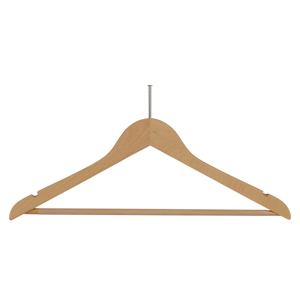 Hotelhanger anti-diefstal beukenhout naturel gelakt met rokinkepingen en anti-slip broeklat, 44 cm Hotelhanger anti-diefstal beukenhout naturel gelakt met rokinkepingen en anti-slip broeklat, 44 cm