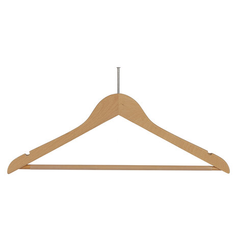 Hotelhanger anti-diefstal beukenhout naturel gelakt met rokinkepingen en anti-slip broeklat, 44 cm Hotelhanger anti-diefstal beukenhout naturel gelakt met rokinkepingen en anti-slip broeklat, 44 cm