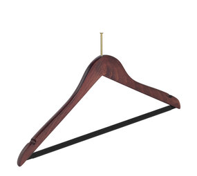 Hotelhanger anti-diefstal (geknikt) beukenhout mahonie gebeitst met rokinkepingen en anti-slip broeklat Hotelhanger anti-diefstal (geknikt) beukenhout mahonie gebeitst met rokinkepingen en anti-slip broeklat