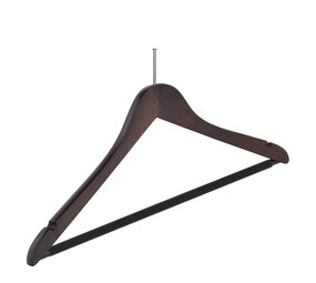 Hotelhanger anti-diefstal (geknikt) beukenhout wenge gebeitst met rokinkepingen en anti-slip broeklat Hotelhanger anti-diefstal (geknikt) beukenhout wenge gebeitst met rokinkepingen en anti-slip broeklat