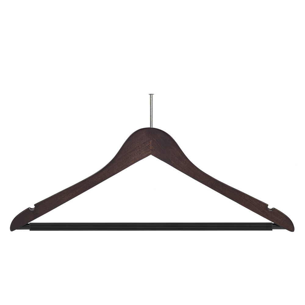 Hotelhanger anti-diefstal (geknikt) beukenhout wenge gebeitst met rokinkepingen en anti-slip broeklat Hotelhanger anti-diefstal (geknikt) beukenhout wenge gebeitst met rokinkepingen en anti-slip broeklat