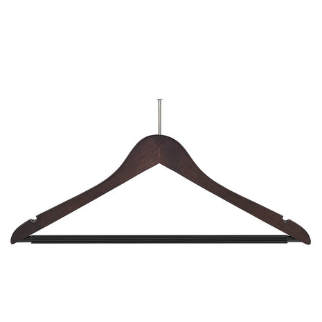 Hotelhanger anti-diefstal (geknikt) beukenhout wenge gebeitst met rokinkepingen en anti-slip broeklat Hotelhanger anti-diefstal (geknikt) beukenhout wenge gebeitst met rokinkepingen en anti-slip broeklat