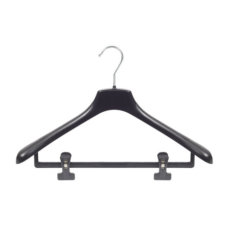 Mantel / kostuumhanger (gebogen) kunststof zwart met schouderverbreding en anti-slip knijpers Mantel / kostuumhanger (gebogen) kunststof zwart met schouderverbreding en anti-slip knijpers