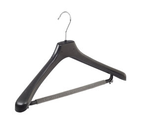 SER-VIZ Mantel / kostuumhanger (gebogen) kunststof zwart met schouderverbreding en anti-slip broeklat (2 mm schuim) SER-VIZ Mantel / kostuumhanger (gebogen) kunststof zwart met schouderverbreding en anti-slip broeklat (2 mm schuim)